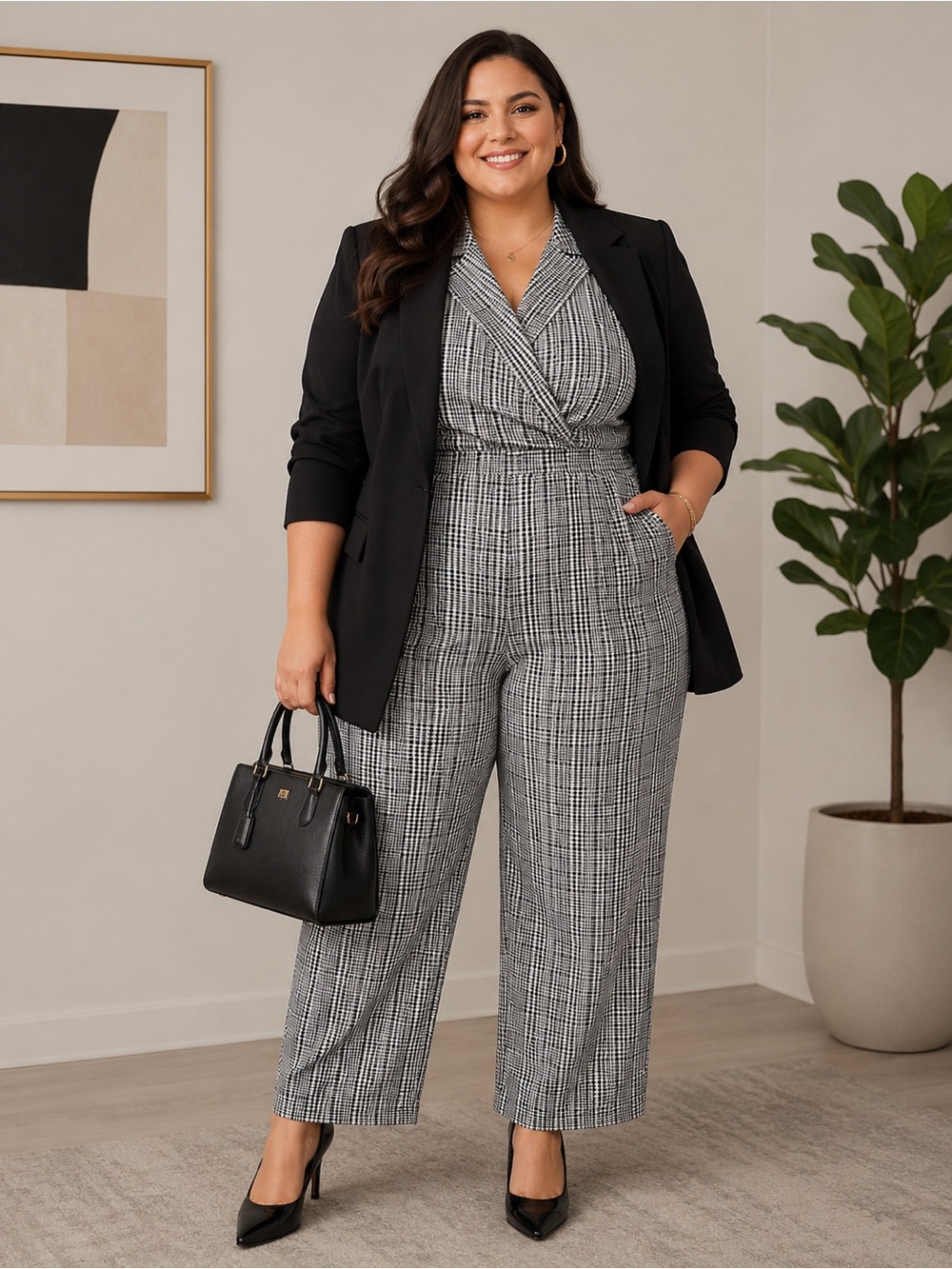 Eloquii 26 Wide Leg Plaid Herringbone Jumpsuit With Lapel Modern Preppy Office